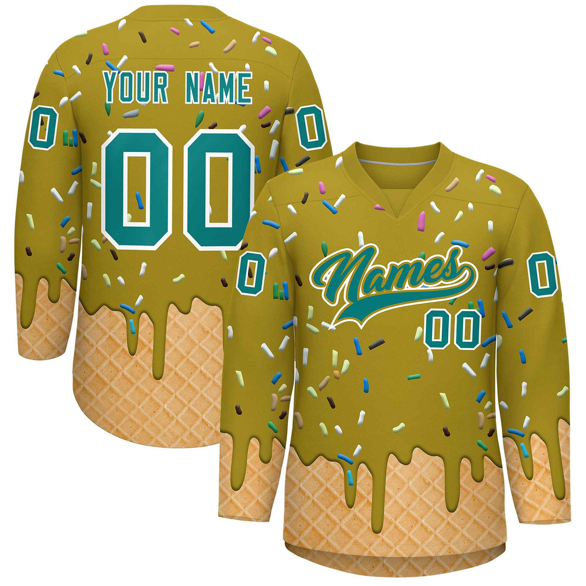 Custom Old Gold Teal Ice Cream Pattern Personalized V-Neck Hockey Jersey