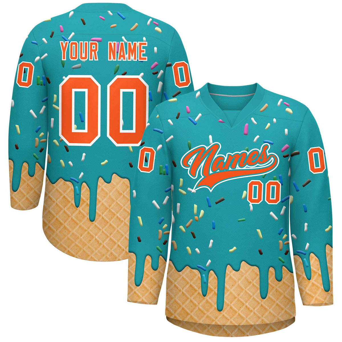 Custom Aqua Orange Ice Cream Pattern Personalized V-Neck Hockey Jersey