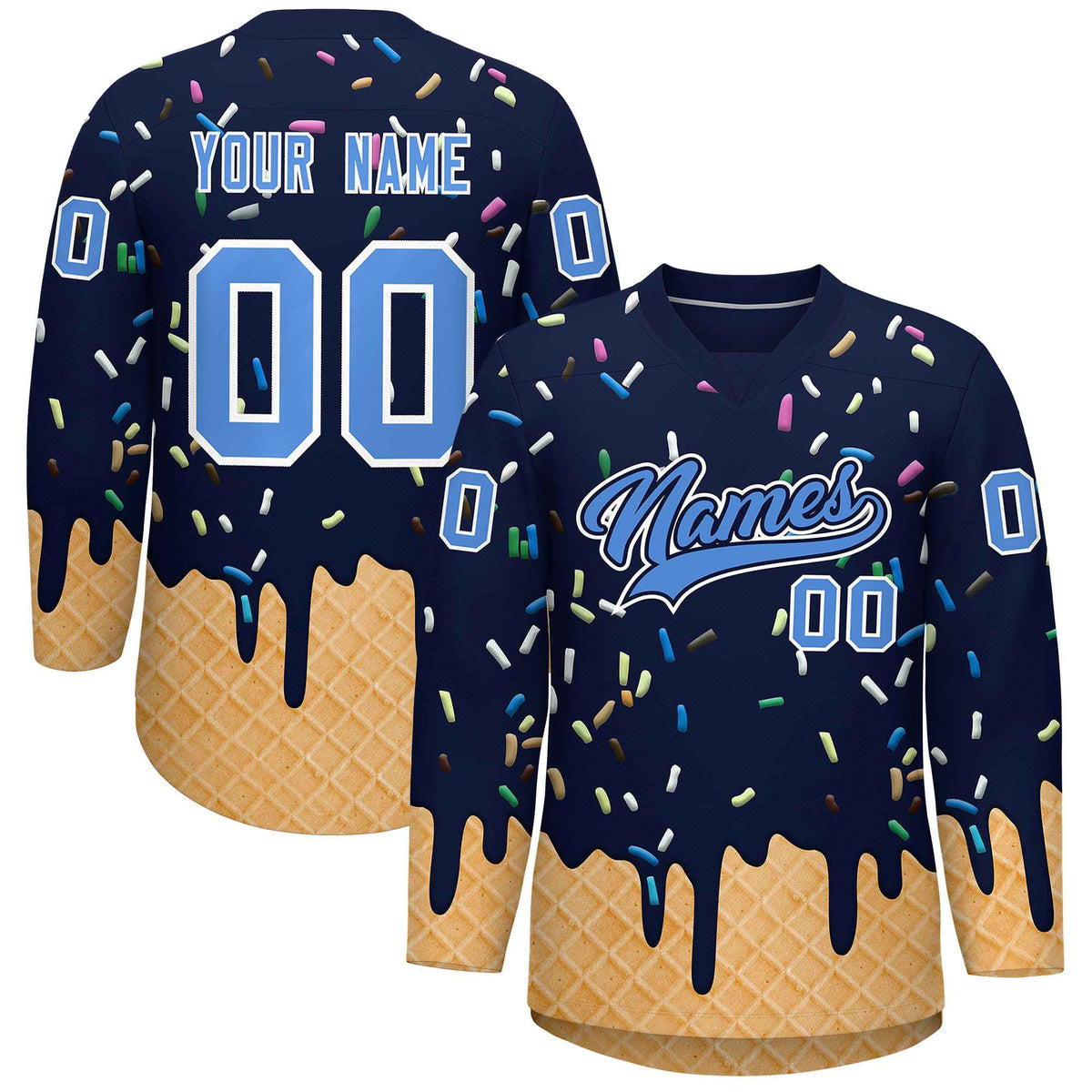 Custom Navy Powder Blue Ice Cream Pattern Personalized V-Neck Hockey Jersey