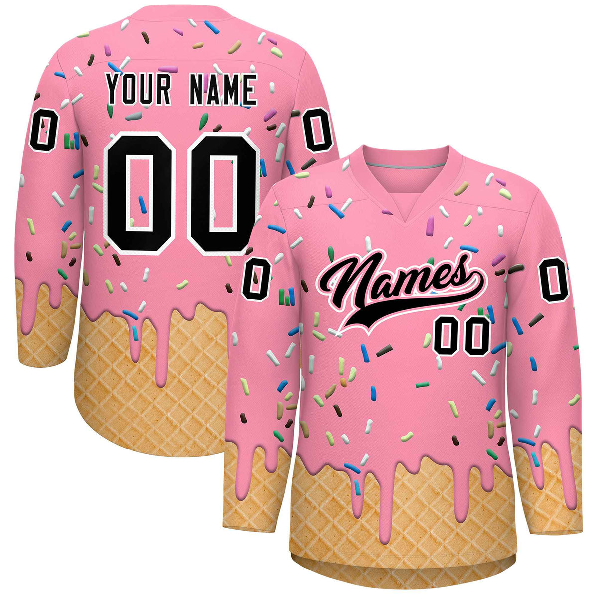 Custom Light Pink Black Ice Cream Pattern Personalized V-Neck Hockey Jersey