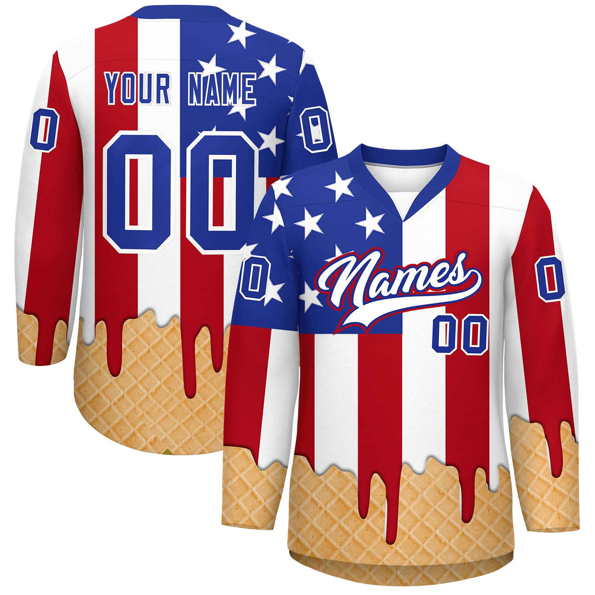 Custom American Flag White Ice Cream Pattern Personalized V-Neck Hockey Jersey