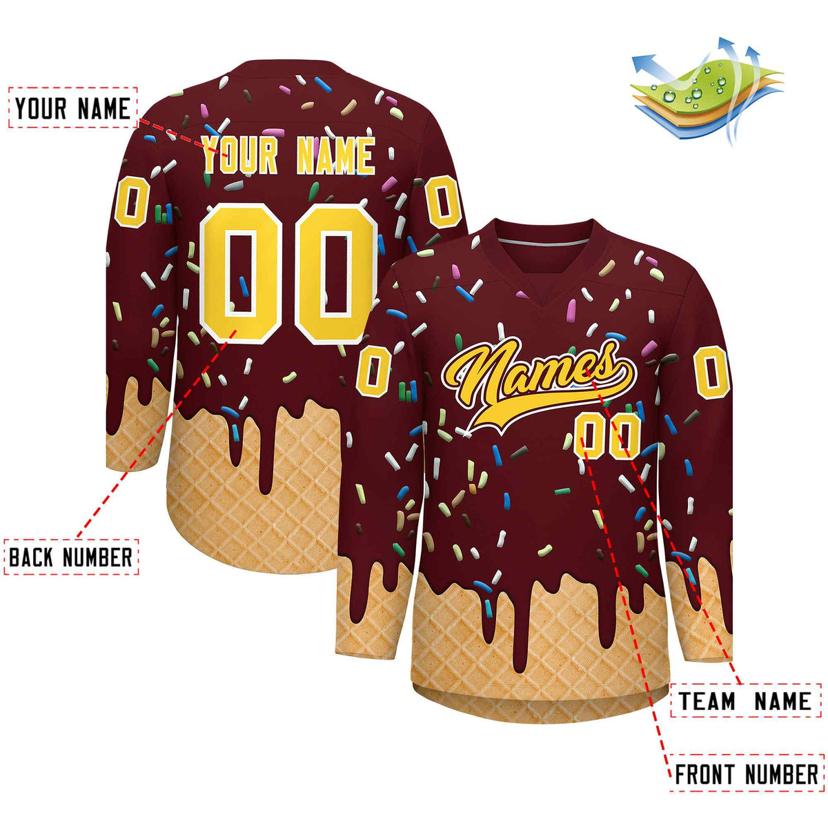 Custom Burgundy Gold Ice Cream Pattern Personalized V-Neck Hockey Jersey