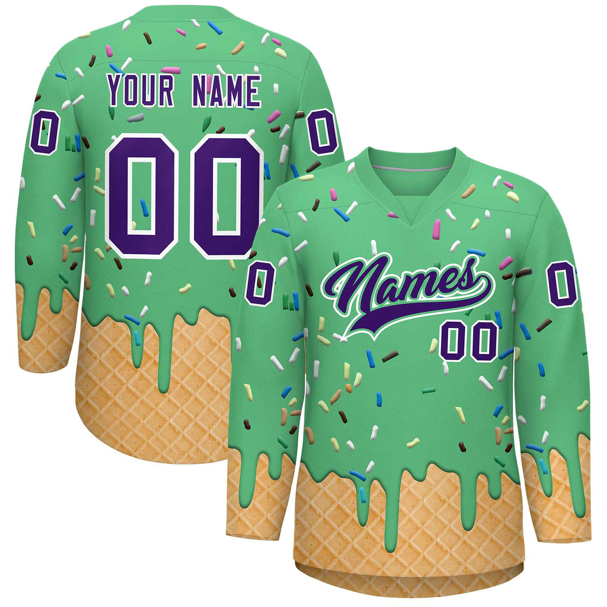 Custom Neon Green Purple Ice Cream Pattern Personalized V-Neck Hockey Jersey