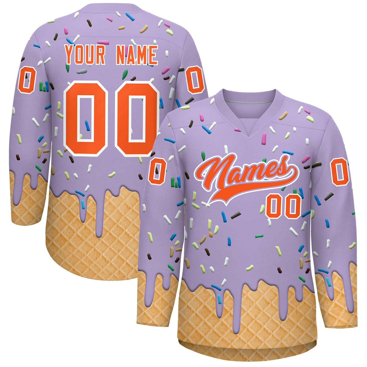Custom Light Purple Orange Ice Cream Pattern Personalized V-Neck Hockey Jersey