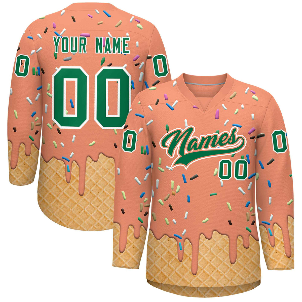 Custom Light Orange Kelly Green Ice Cream Pattern Personalized V-Neck Hockey Jersey