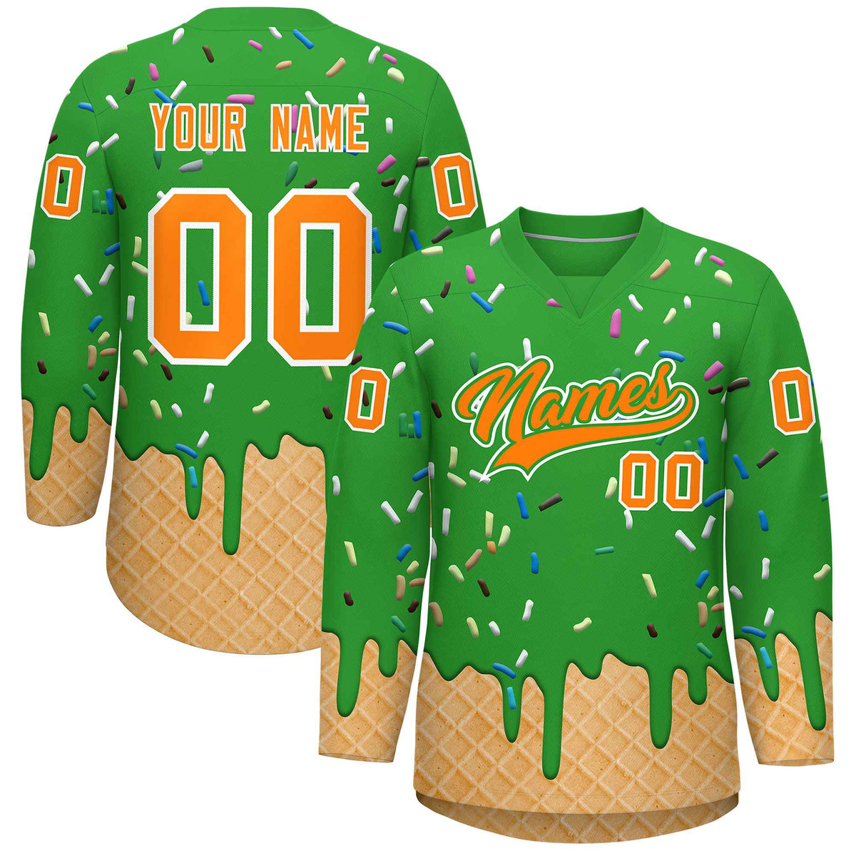 Custom Light Green Orange Ice Cream Pattern Personalized V-Neck Hockey Jersey