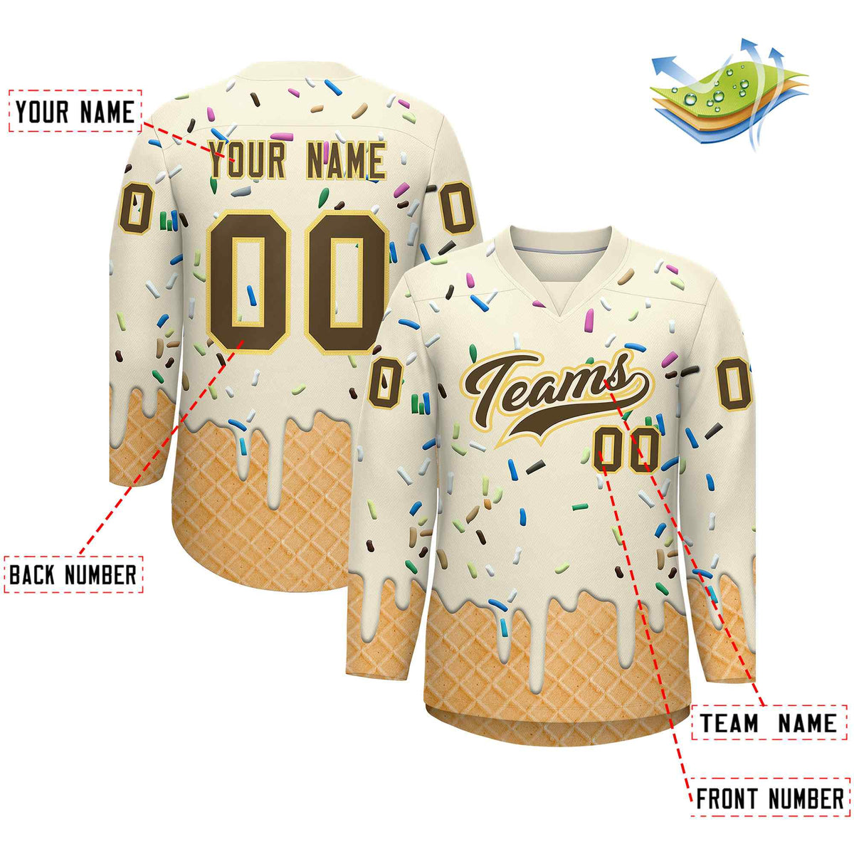 Custom Cream Light Brown Ice Cream Pattern Personalized V-Neck Hockey Jersey
