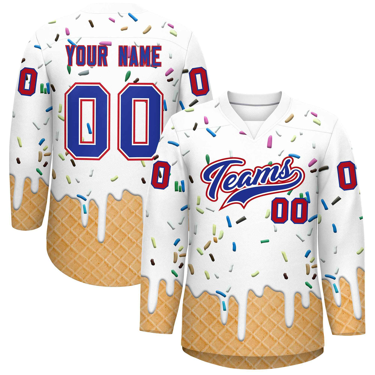 Custom White Royal Blue Ice Cream Pattern Personalized V-Neck Hockey Jersey