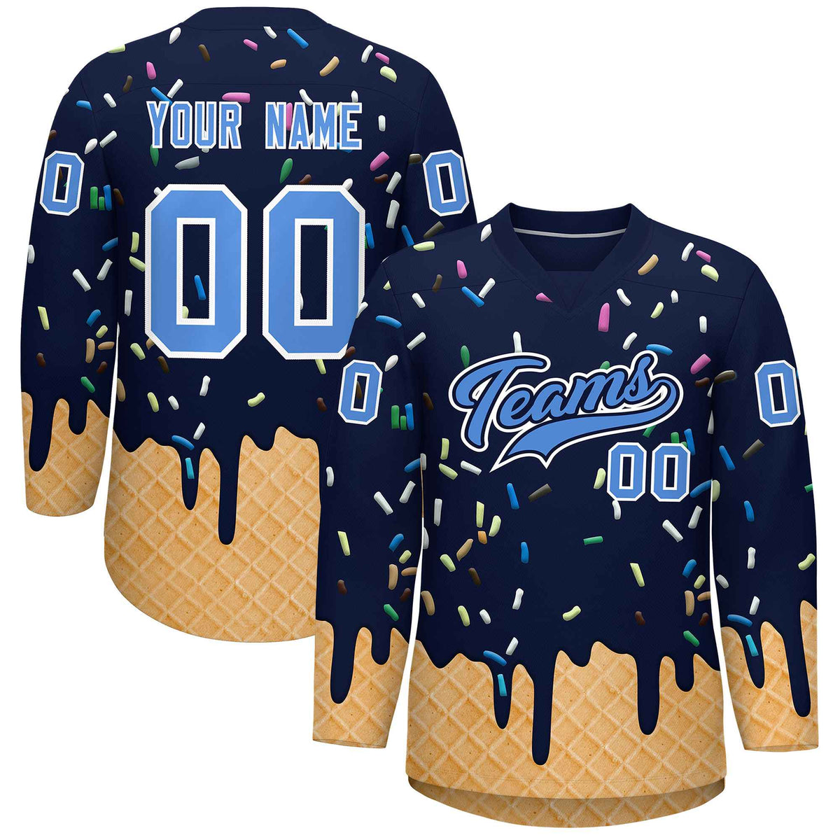 Custom Navy Powder Blue Ice Cream Pattern Personalized V-Neck Hockey Jersey