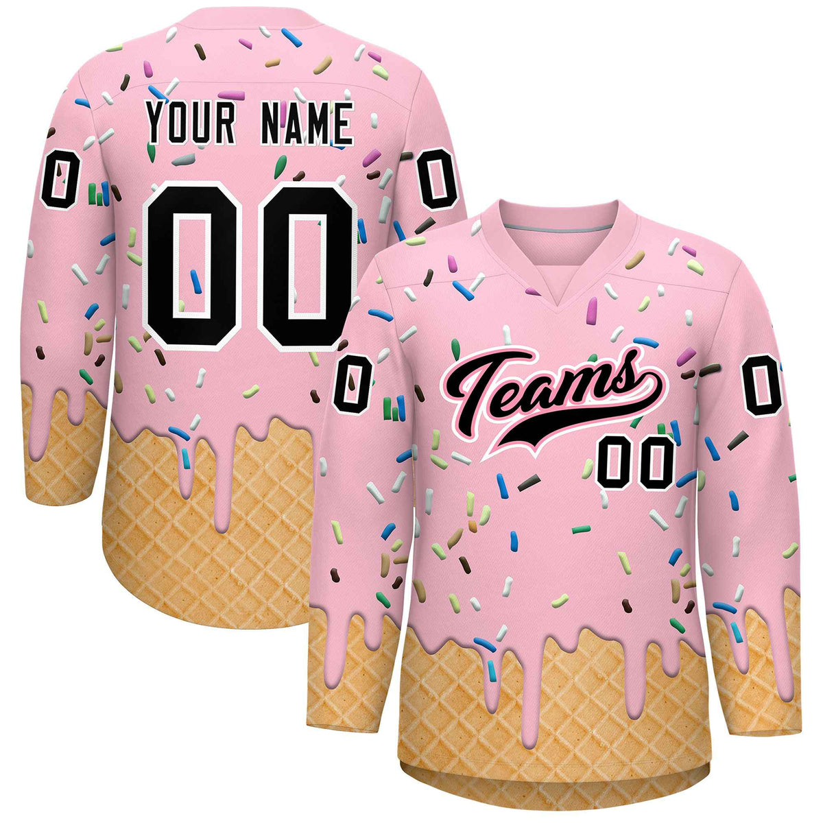 Custom Light Pink Black Ice Cream Pattern Personalized V-Neck Hockey Jersey