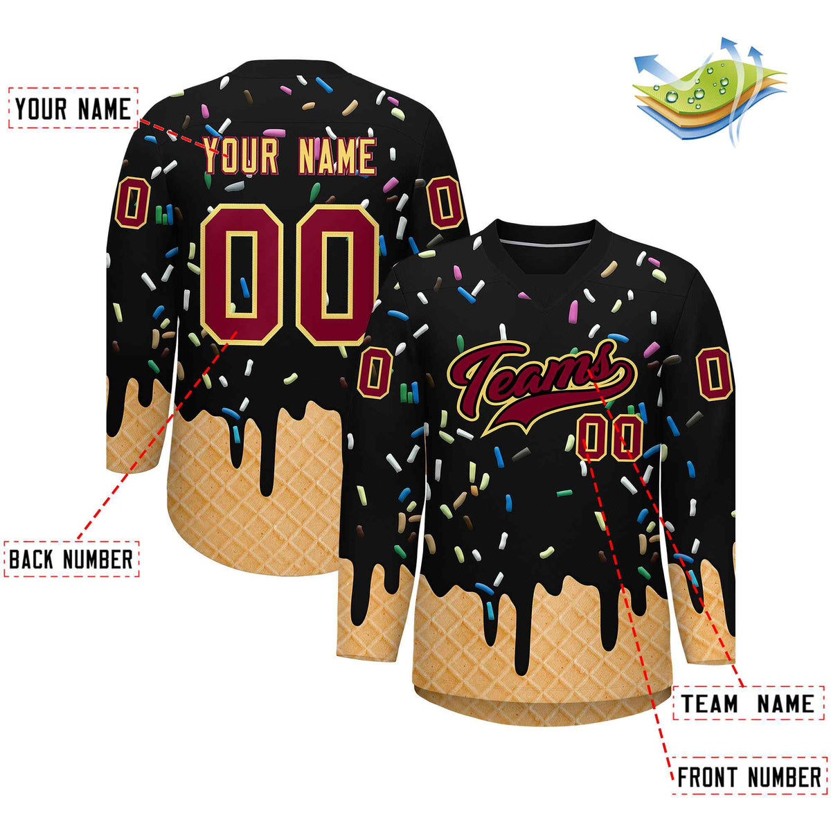 Custom Black Crimson Ice Cream Pattern Personalized V-Neck Hockey Jersey