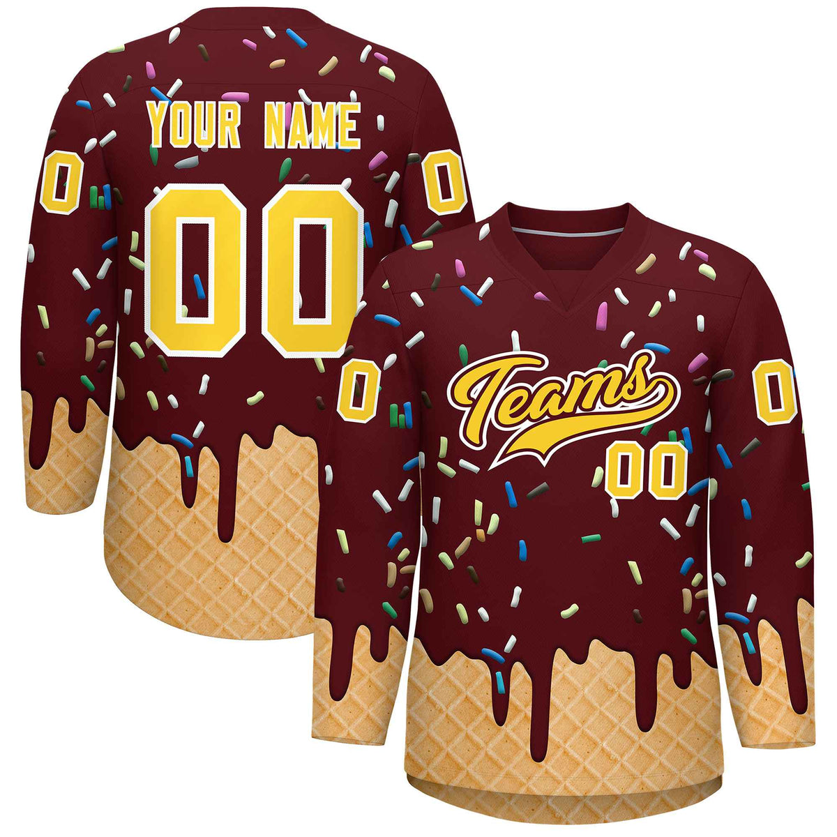 Custom Burgundy Gold Ice Cream Pattern Personalized V-Neck Hockey Jersey