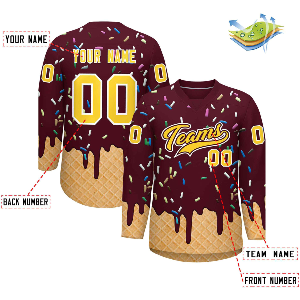 Custom Crimson Gold Ice Cream Pattern Personalized V-Neck Hockey Jersey