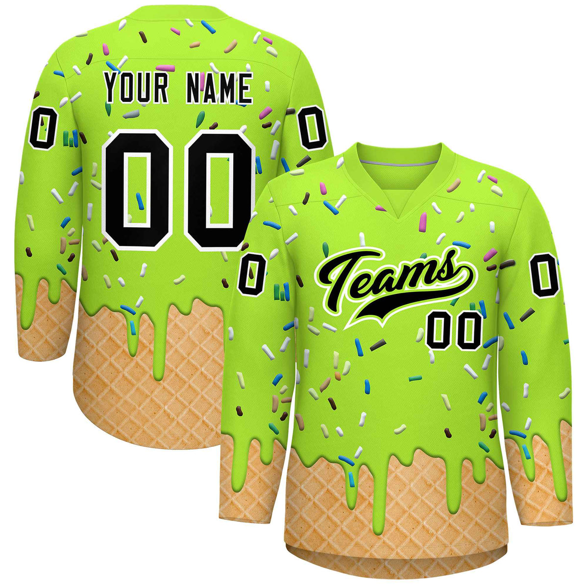 Custom Neon Green Black Ice Cream Pattern Personalized V-Neck Hockey Jersey