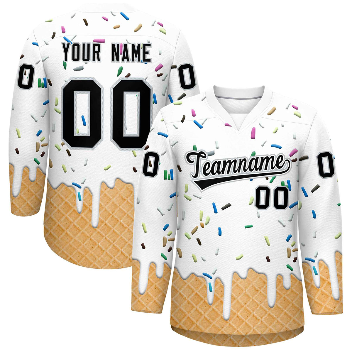 Custom White Black Ice Cream Pattern Personalized V-Neck Hockey Jersey| KXKSHOP