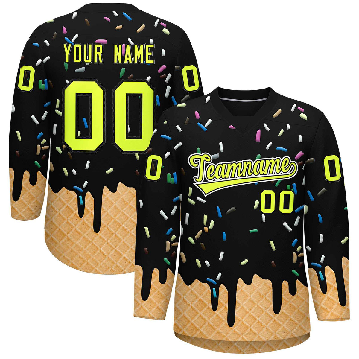 Custom Black Fluorescent Green Ice Cream Pattern Personalized V-Neck Hockey Jersey| KXKSHOP