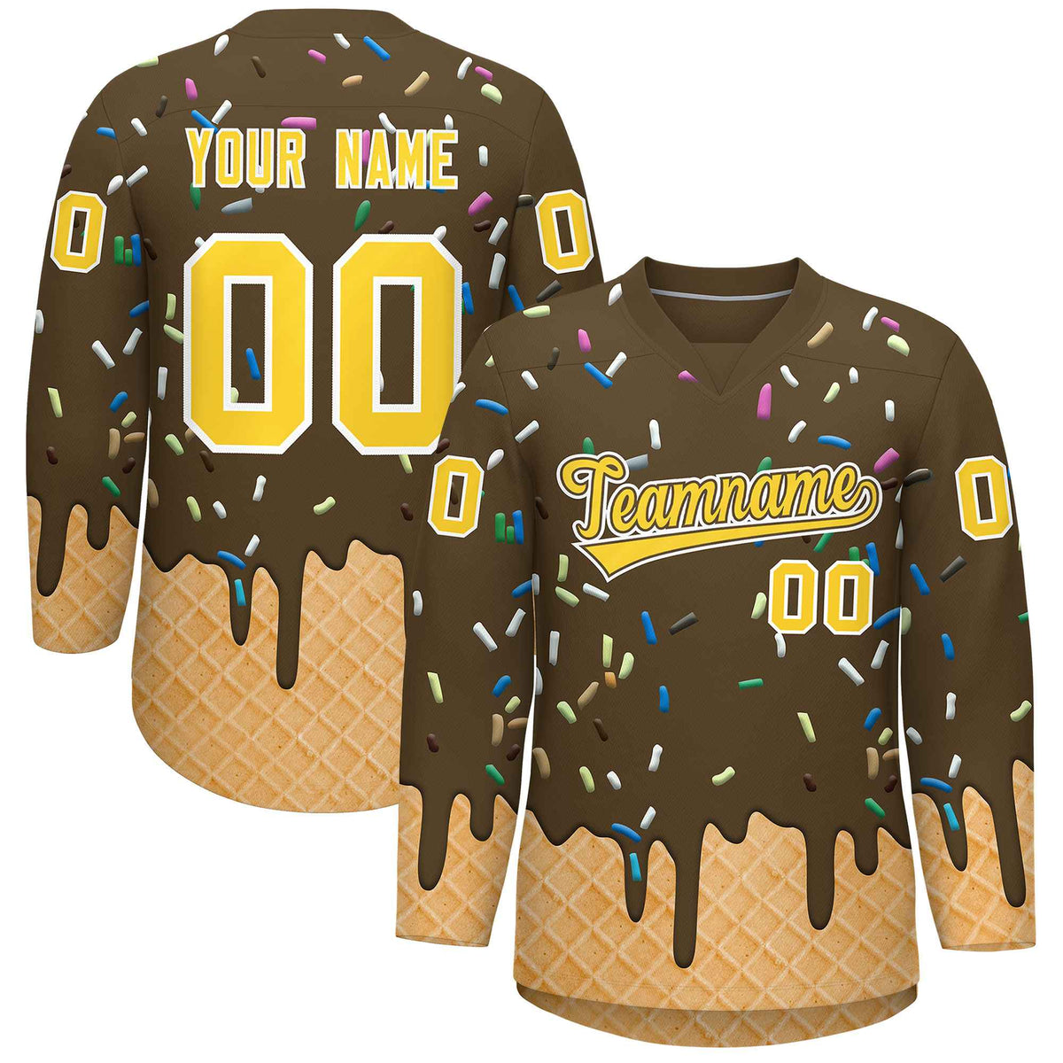 Custom Light Brown Gold Ice Cream Pattern Personalized V-Neck Hockey Jersey| KXKSHOP