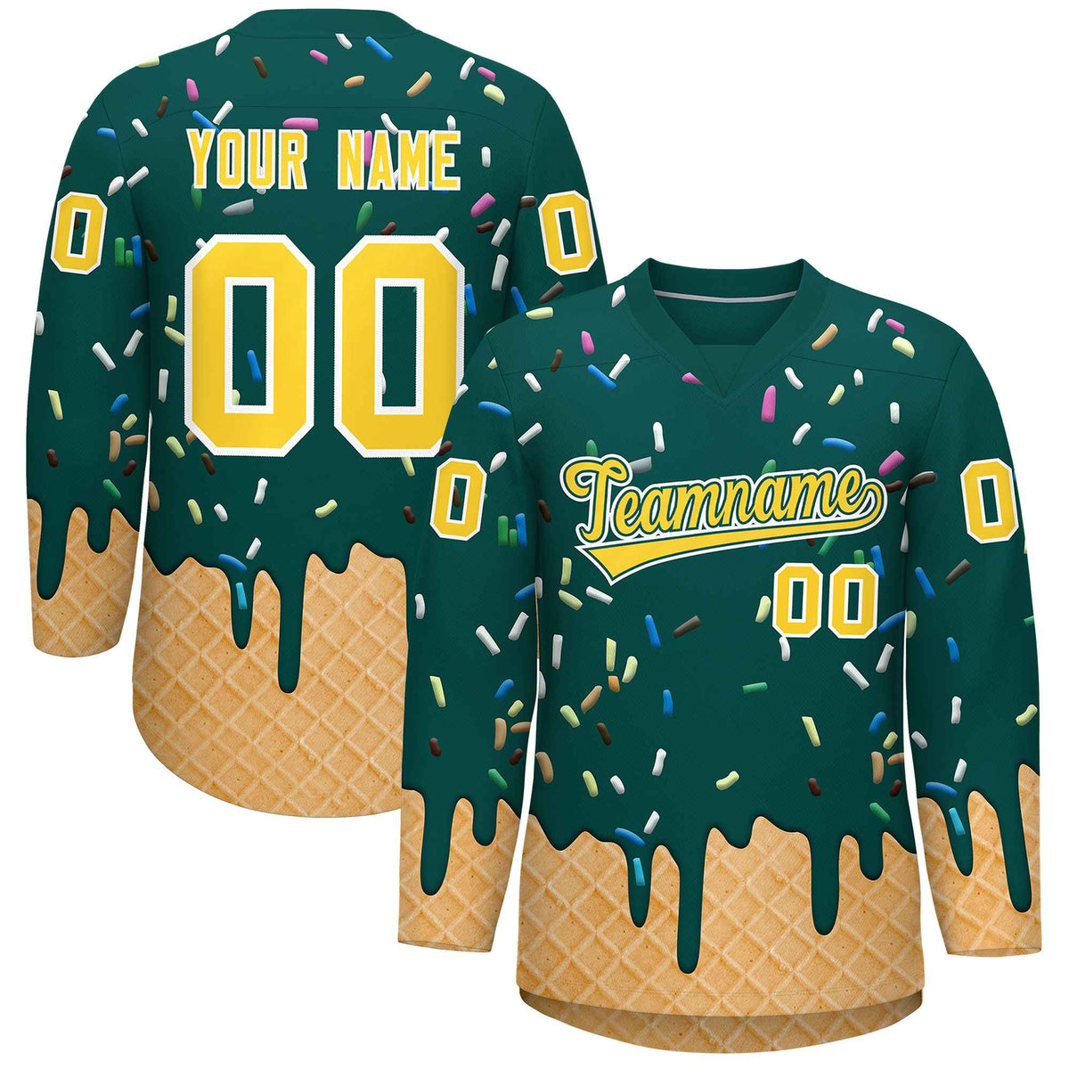 Custom Midnight Green Gold Ice Cream Pattern Personalized V-Neck Hockey Jersey| KXKSHOP