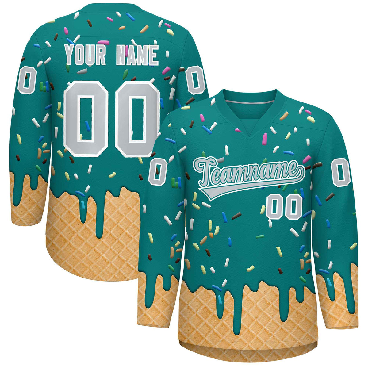 Custom Teal Silver Ice Cream Pattern Personalized V-Neck Hockey Jersey| KXKSHOP