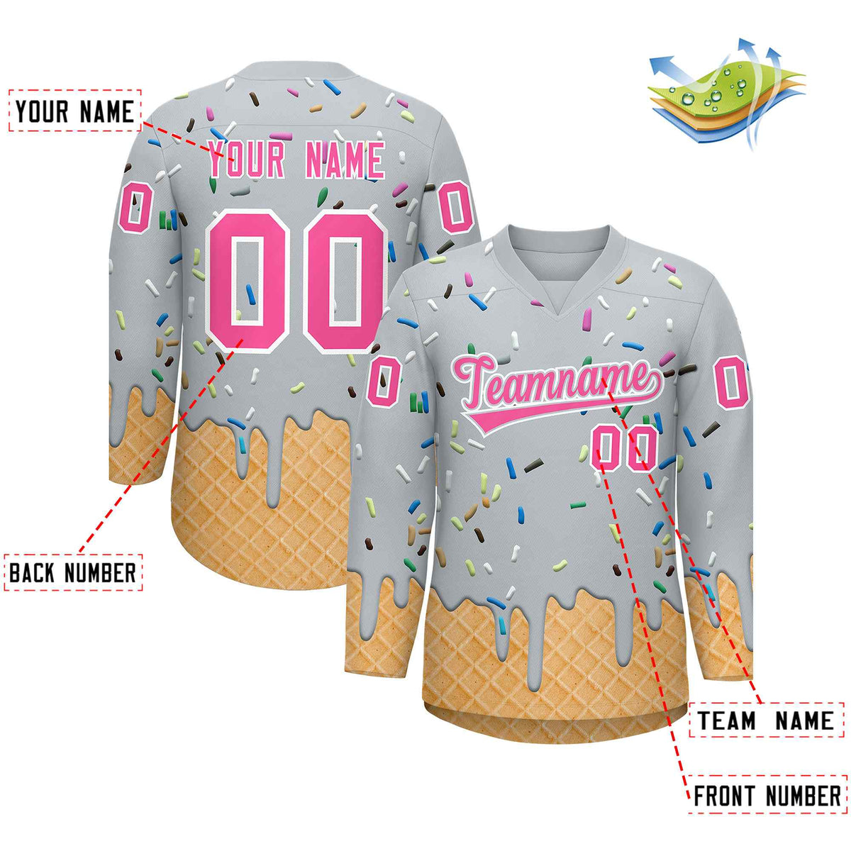 Custom Silver Pink Ice Cream Pattern Personalized V-Neck Hockey Jersey| KXKSHOP