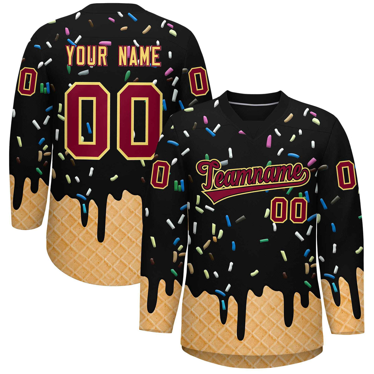 Custom Black Crimson Ice Cream Pattern Personalized V-Neck Hockey Jersey| KXKSHOP