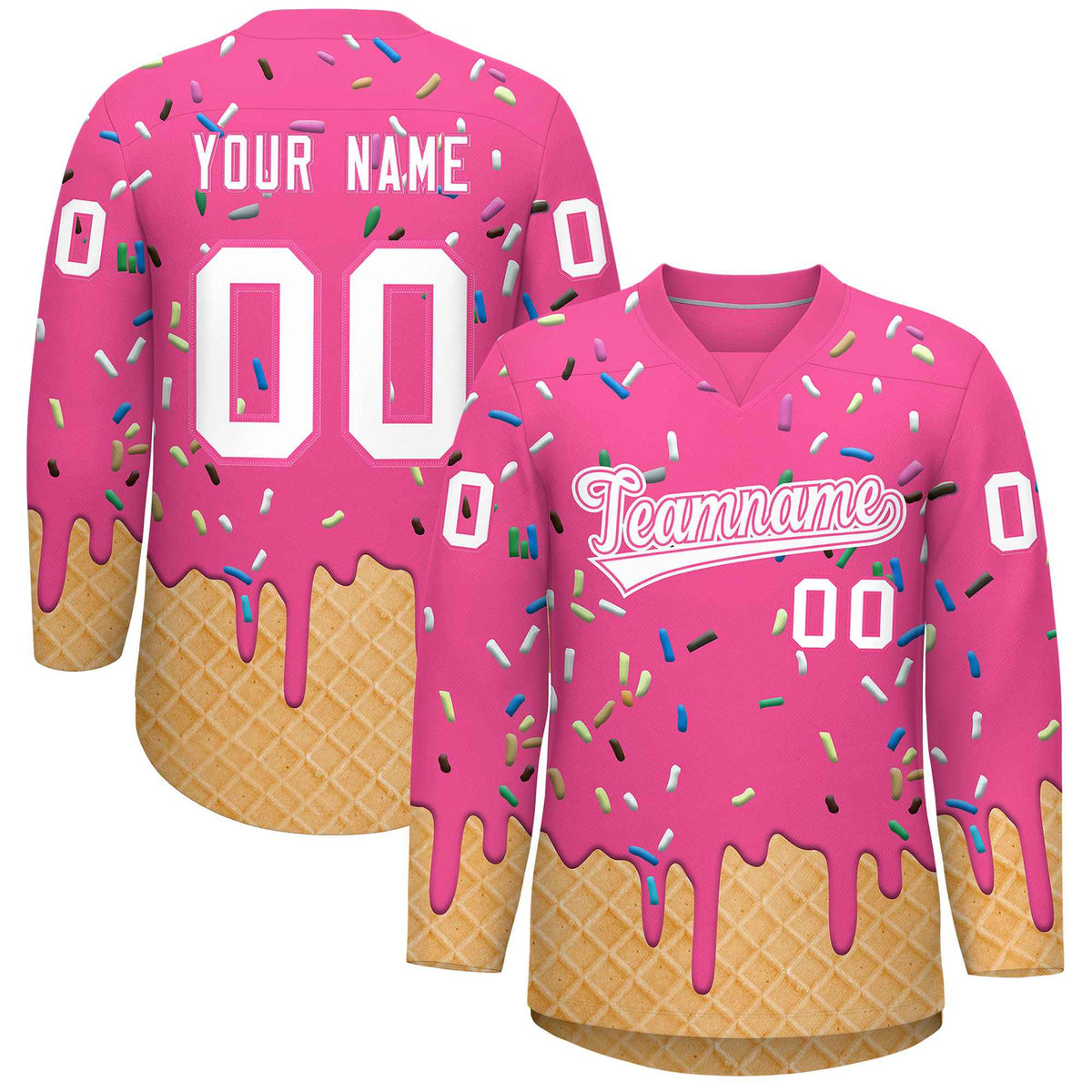 Custom Pink White Ice Cream Pattern Personalized V-Neck Hockey Jersey| KXKSHOP