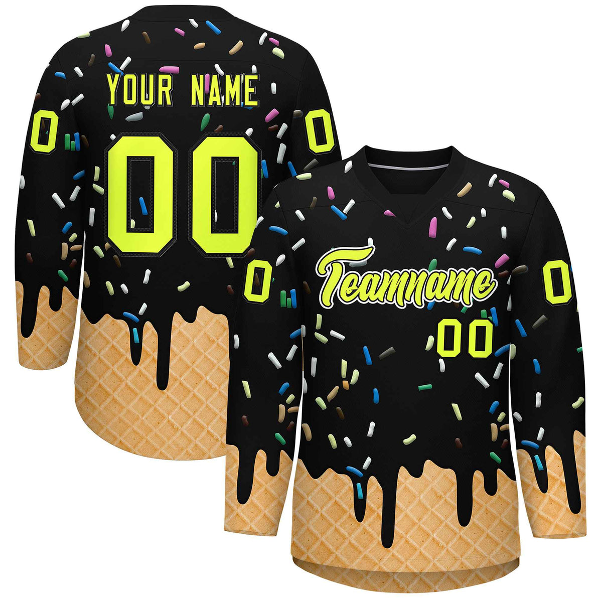 Custom Black Fluorescent Green Ice Cream Pattern Personalized V-Neck Hockey Jersey