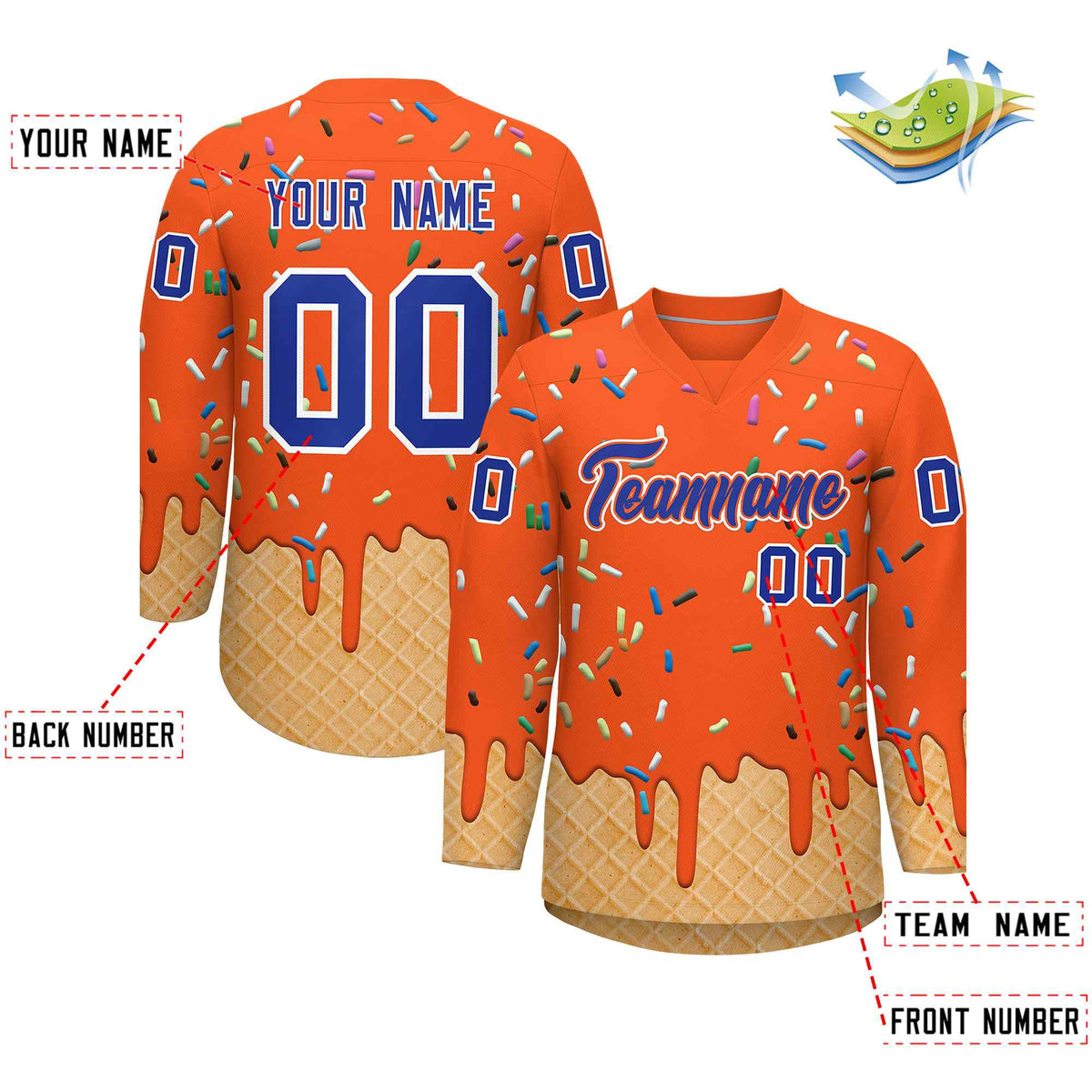 Custom Orange Royal Blue Ice Cream Pattern Personalized V-Neck Hockey Jersey