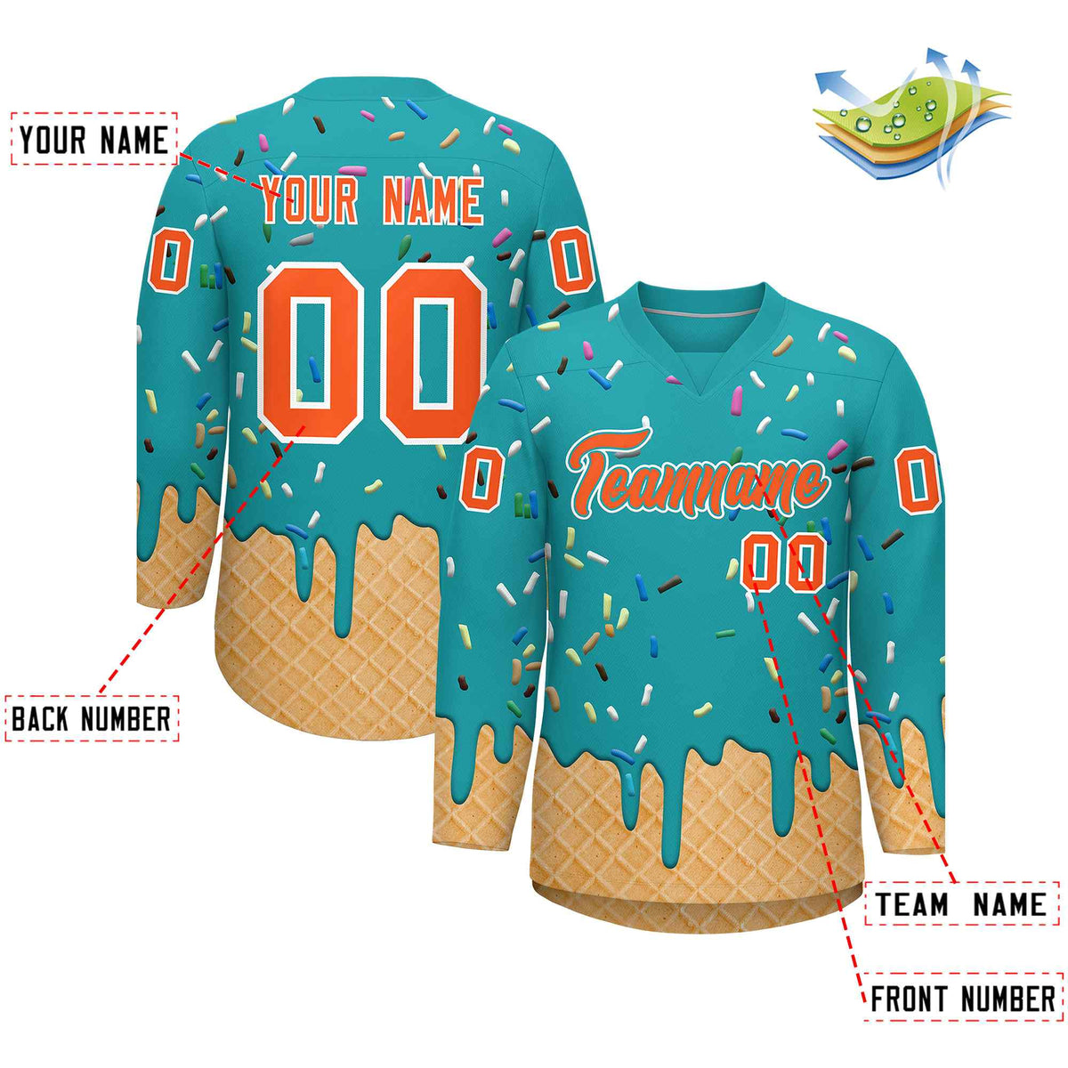 Custom Aqua Orange Ice Cream Pattern Personalized V-Neck Hockey Jersey