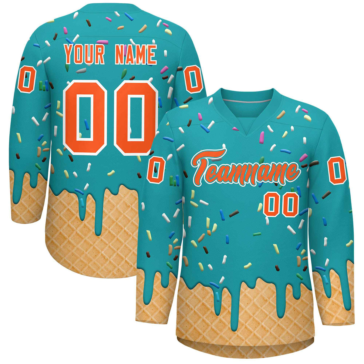 Custom Aqua Orange Ice Cream Pattern Personalized V-Neck Hockey Jersey