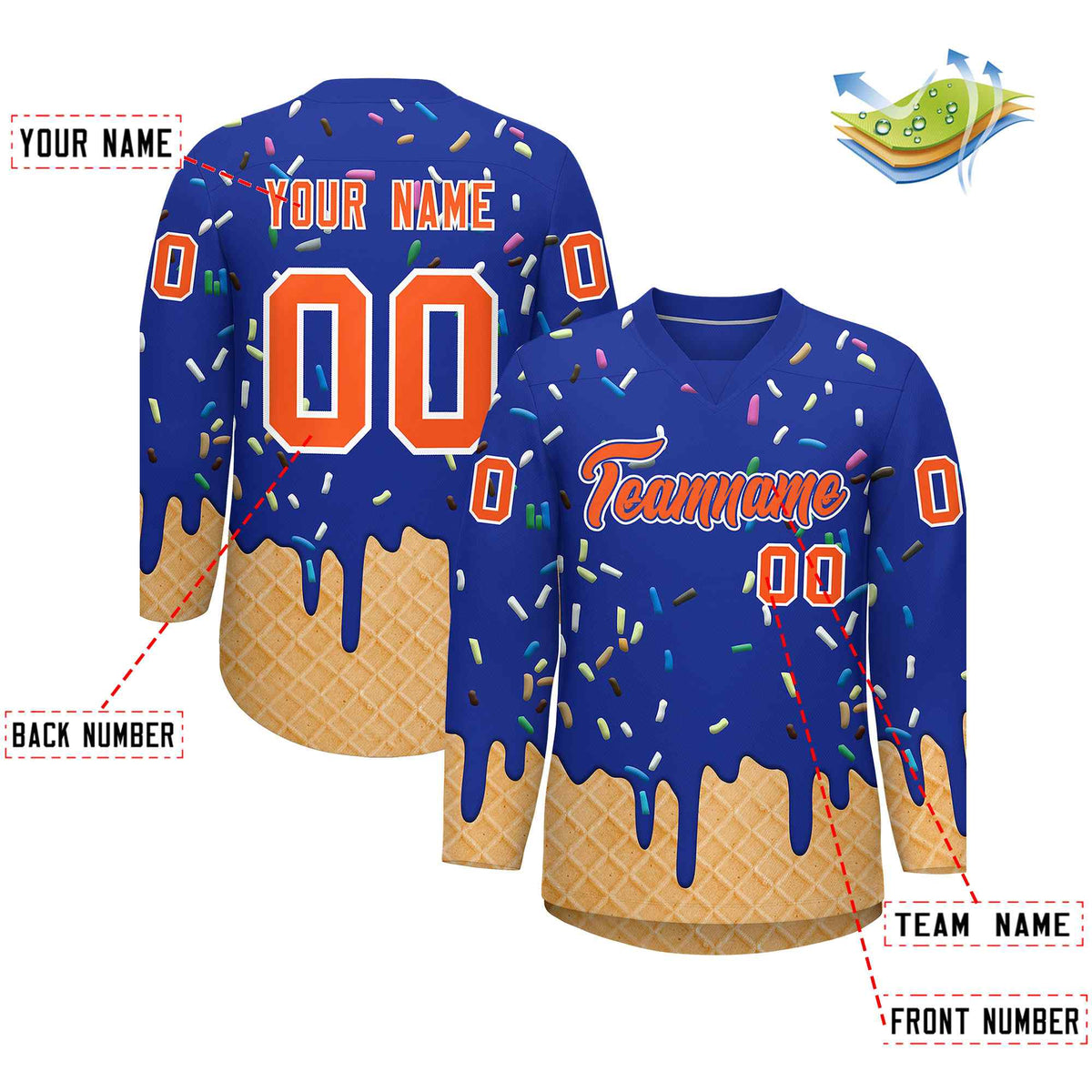 Custom Royal Blue Orange Ice Cream Pattern Personalized V-Neck Hockey Jersey