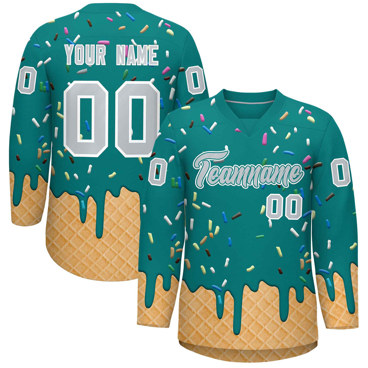 Custom Teal Silver Ice Cream Pattern Personalized V-Neck Hockey Jersey