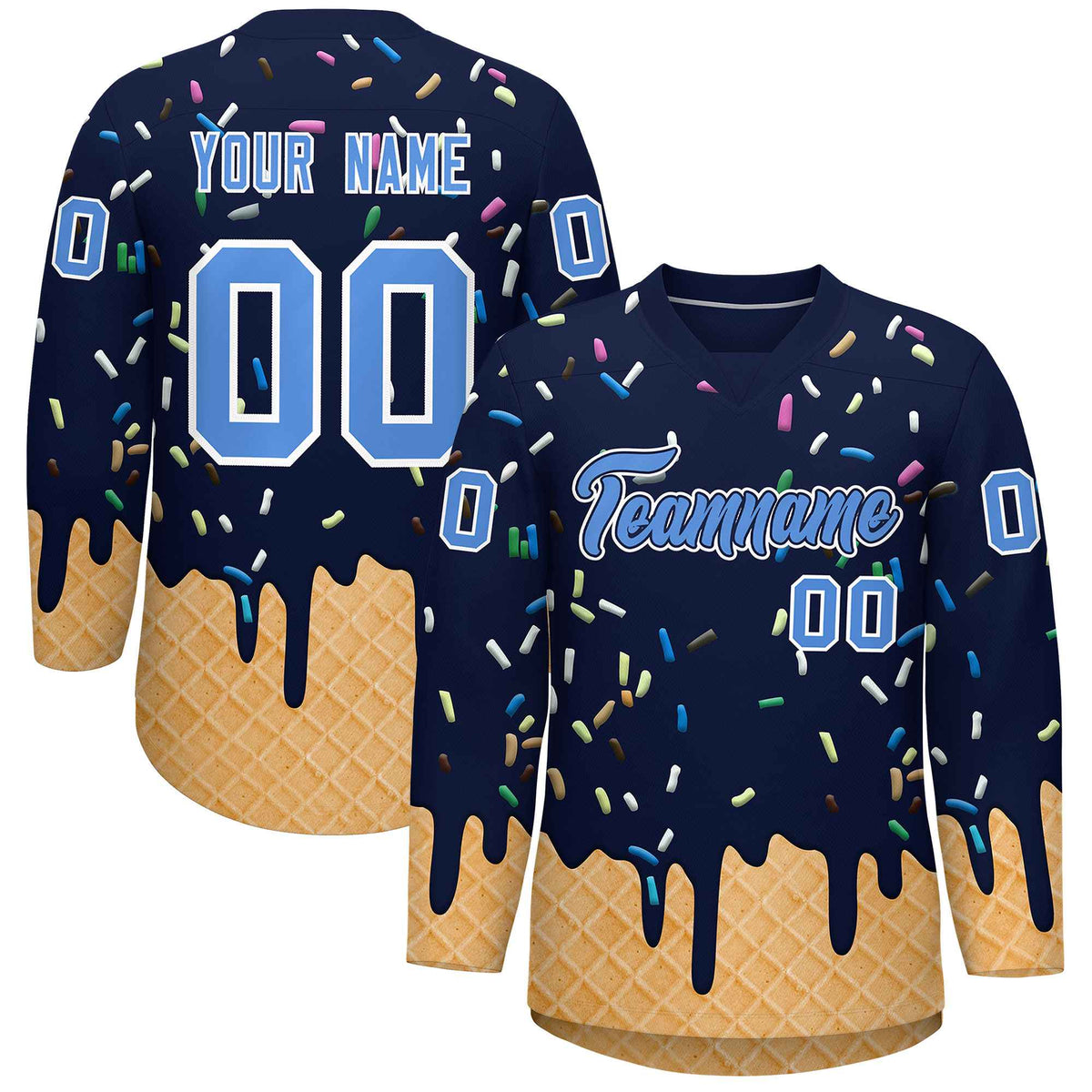 Custom Navy Powder Blue Ice Cream Pattern Personalized V-Neck Hockey Jersey
