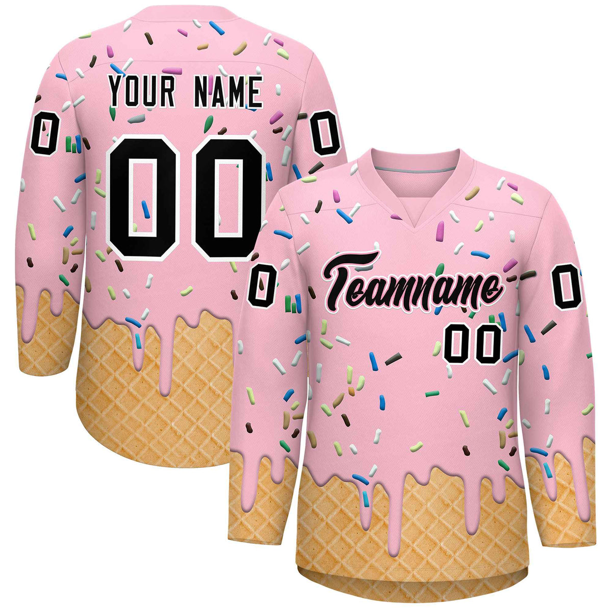 Custom Light Pink Black Ice Cream Pattern Personalized V-Neck Hockey Jersey