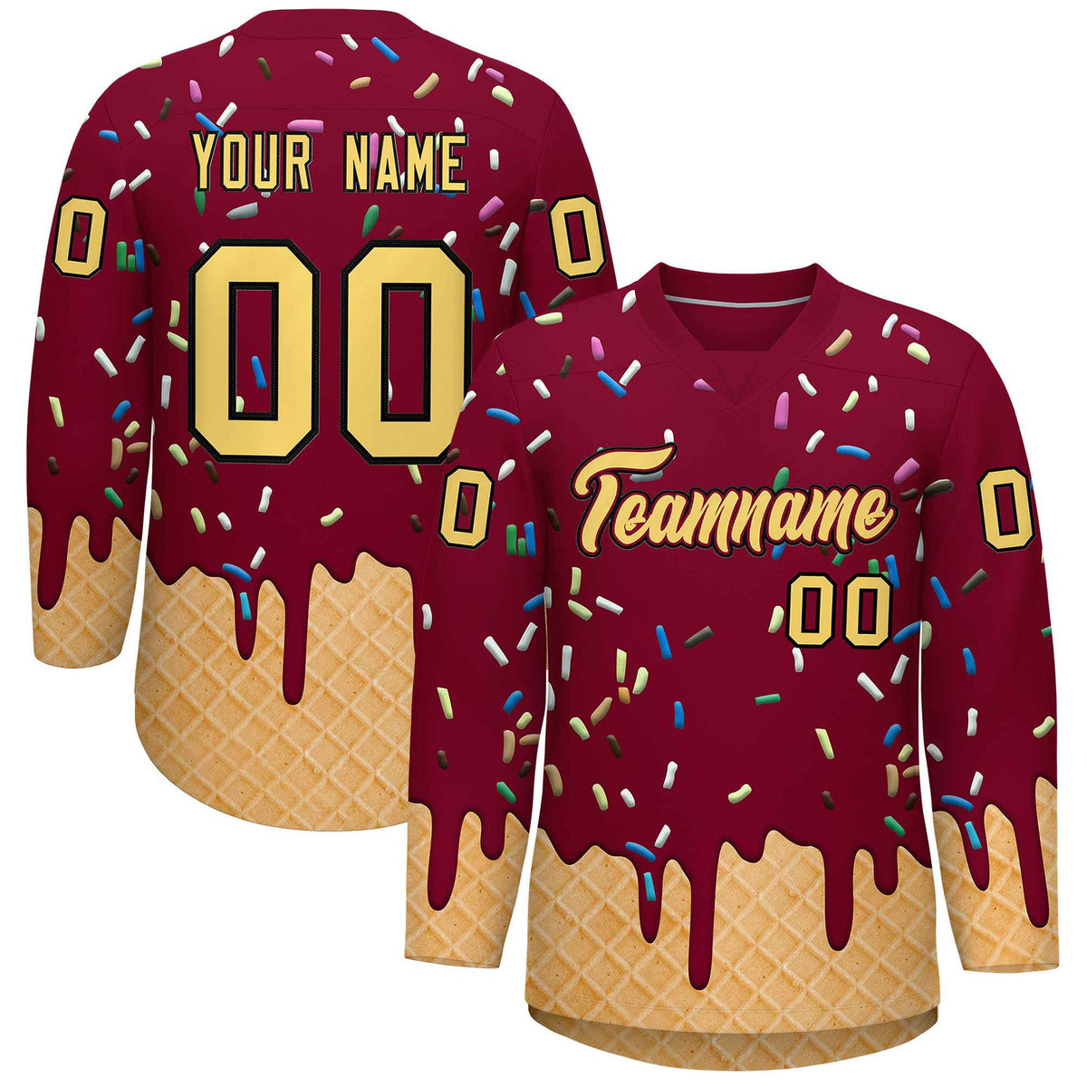Custom Crimson Khaki Ice Cream Pattern Personalized V-Neck Hockey Jersey
