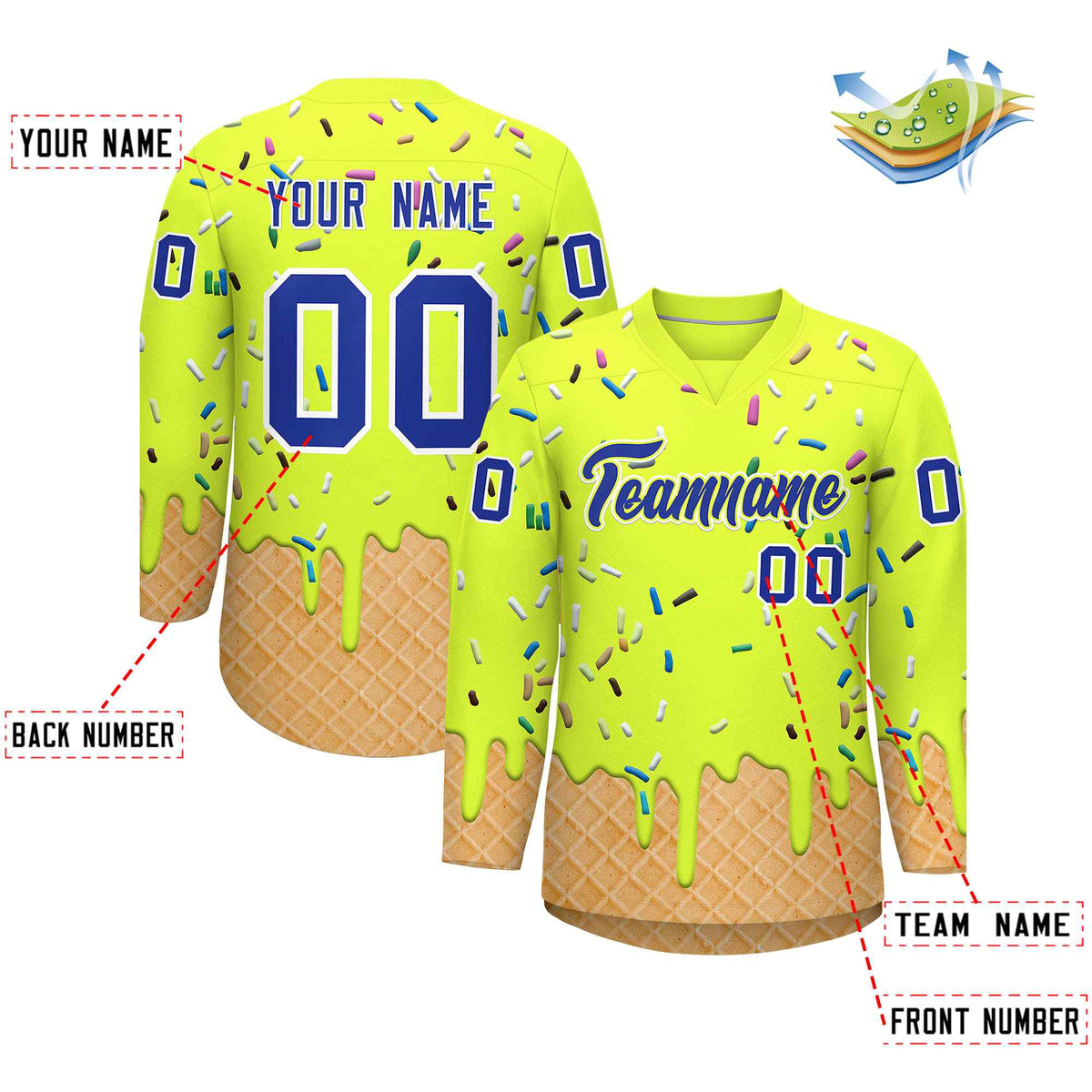 Custom Fluorescent Green Royal Blue Ice Cream Pattern Personalized V-Neck Hockey Jersey
