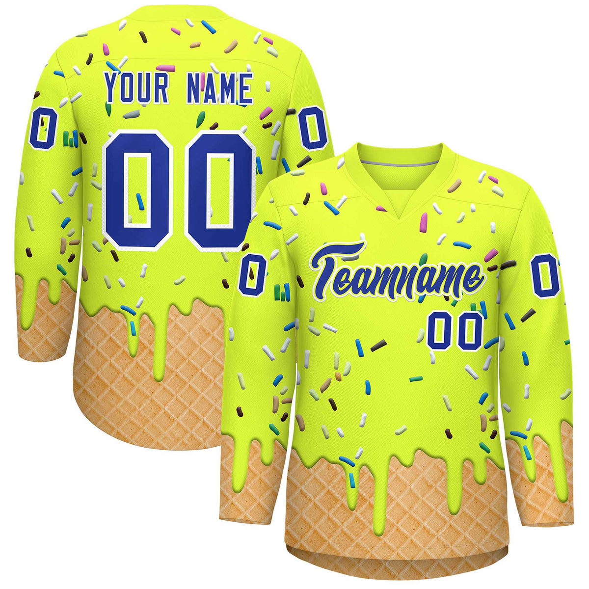 Custom Fluorescent Green Royal Blue Ice Cream Pattern Personalized V-Neck Hockey Jersey