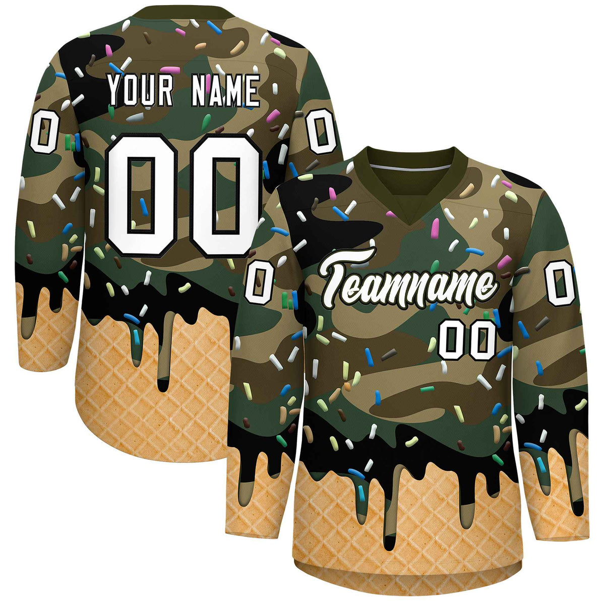 Custom Camo White Ice Cream Pattern Personalized V-Neck Hockey Jersey