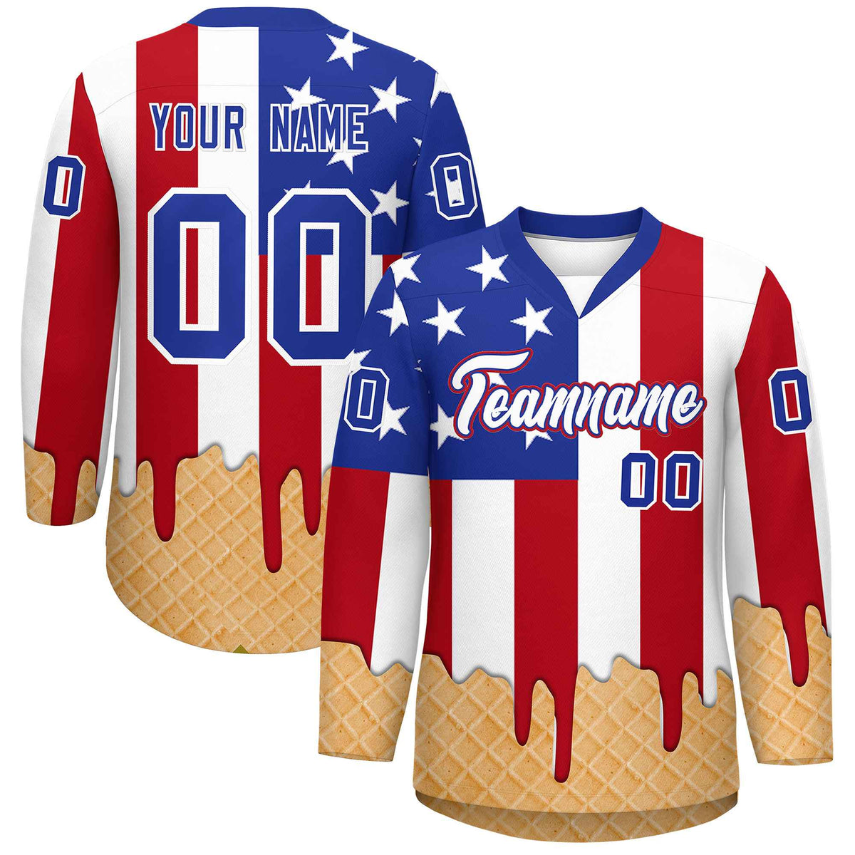 Custom American Flag White Ice Cream Pattern Personalized V-Neck Hockey Jersey