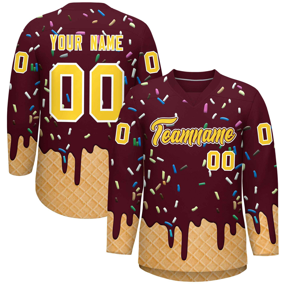 Custom Crimson Gold Ice Cream Pattern Personalized V-Neck Hockey Jersey