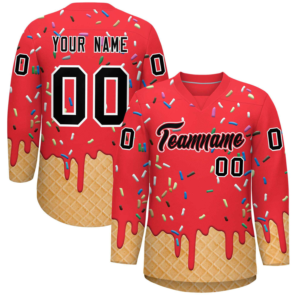 Custom Light Red Black Ice Cream Pattern Personalized V-Neck Hockey Jersey