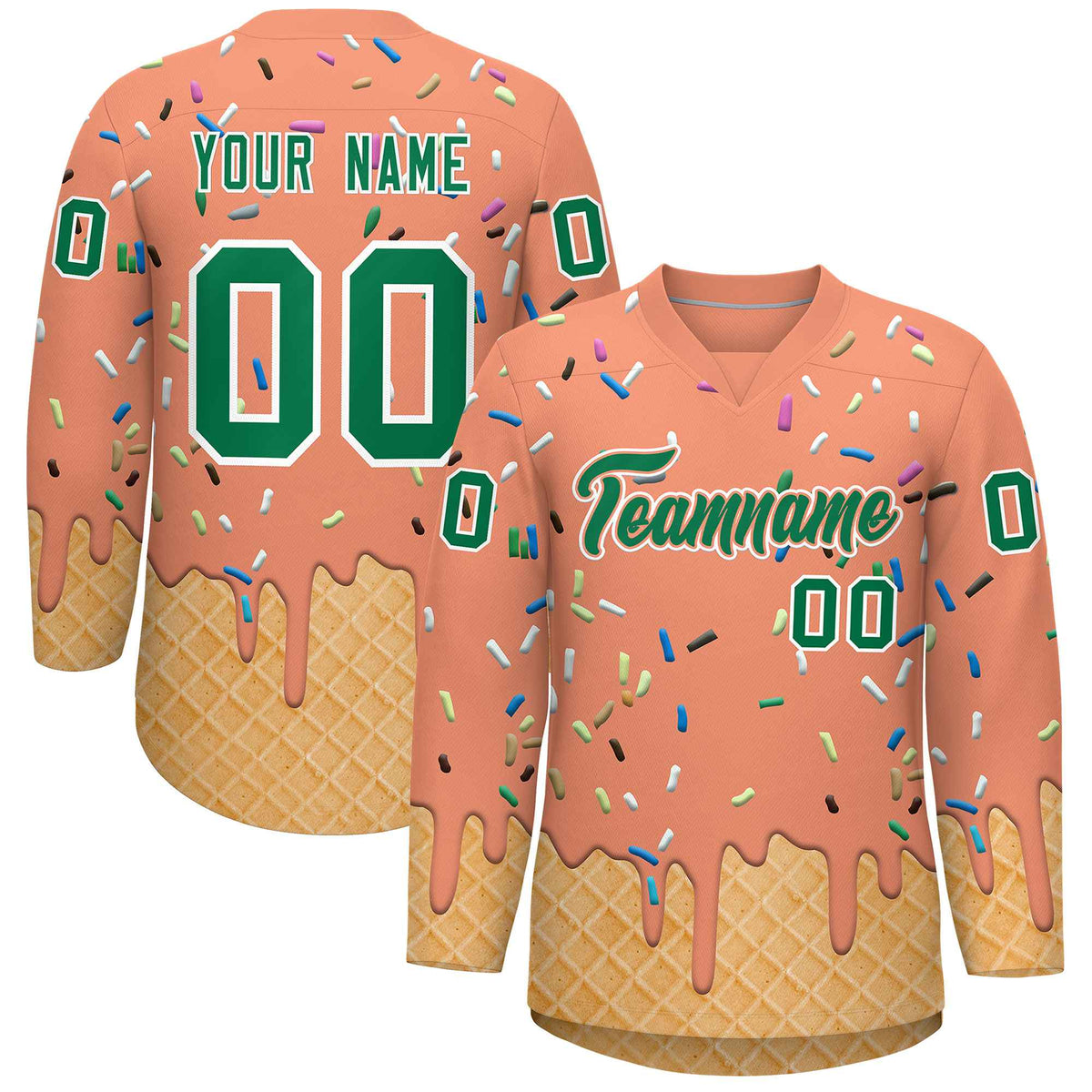 Custom Light Orange Kelly Green Ice Cream Pattern Personalized V-Neck Hockey Jersey