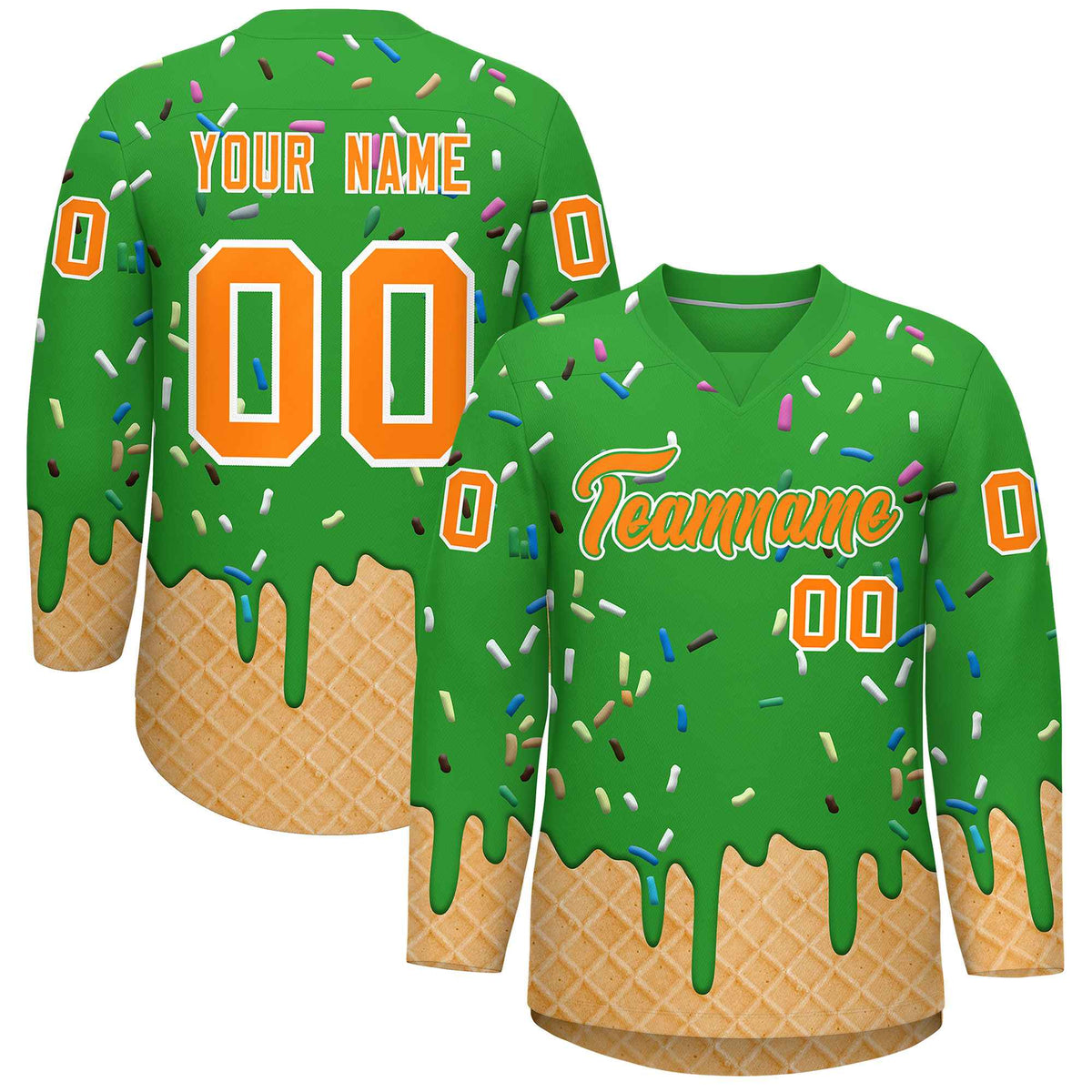 Custom Light Green Orange Ice Cream Pattern Personalized V-Neck Hockey Jersey