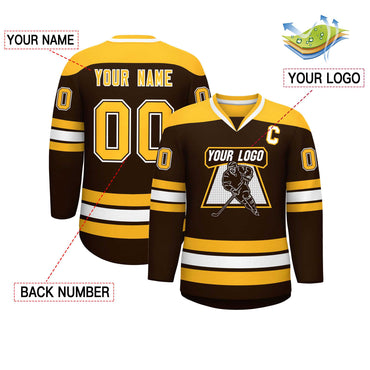 Custom Brown Gold-White Personalized Classic V-Neck Hockey Jersey
