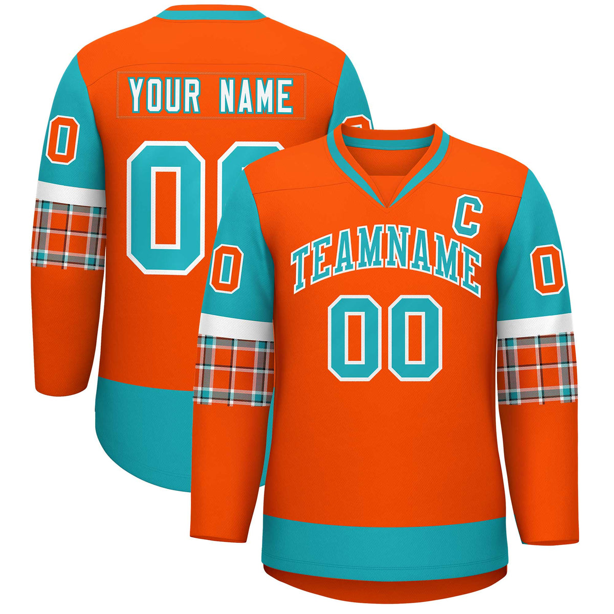 Custom Orange Aqua-Aqua Personalized Raglan Sleeves V-Neck Hockey Jersey
