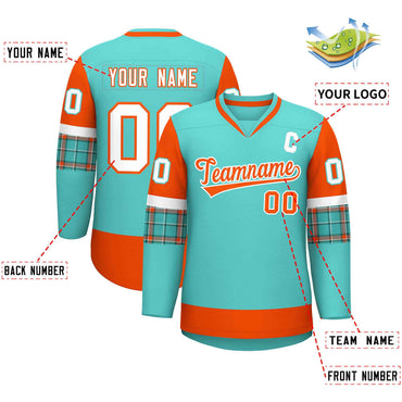 Custom Bright Green Orange-White Personalized Raglan Sleeves V-Neck Hockey Jersey