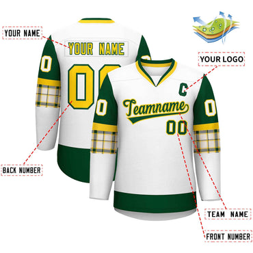 Custom White Green-Yellow Personalized Raglan Sleeves V-Neck Hockey Jersey