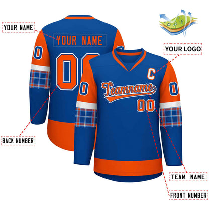 Custom Royal Orange-Orange Personalized Raglan Sleeves V-Neck Hockey Jersey