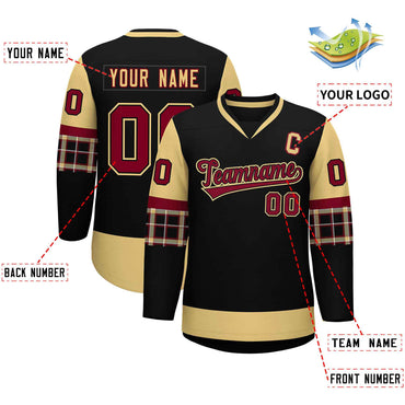 Custom Black Khaki-Crimson Personalized Raglan Sleeves V-Neck Hockey Jersey