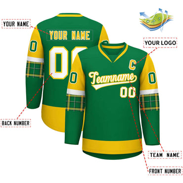 Custom Kelly Green Gold-White Personalized Raglan Sleeves V-Neck Hockey Jersey